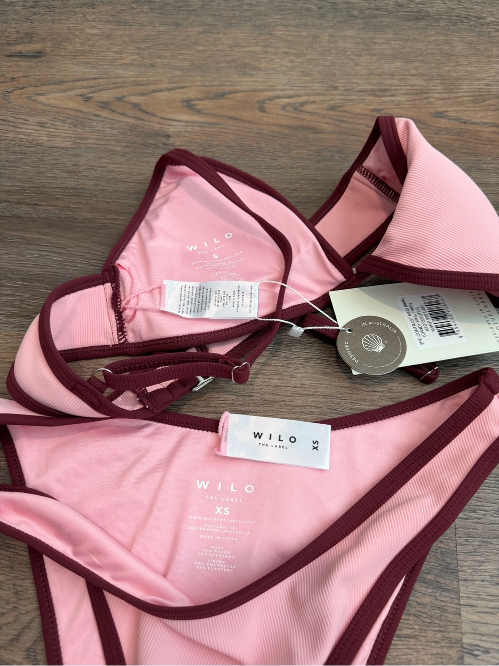 NWT Wilo The Label Candy Pink Contrast Trim Bikini Set Ribbed Two Piece S/XS - Picture 3 of 4